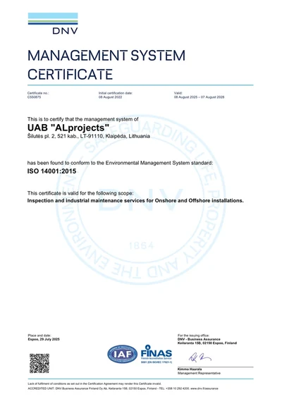 DNV management system certificate — ISO 14001:2015, certificate C550875