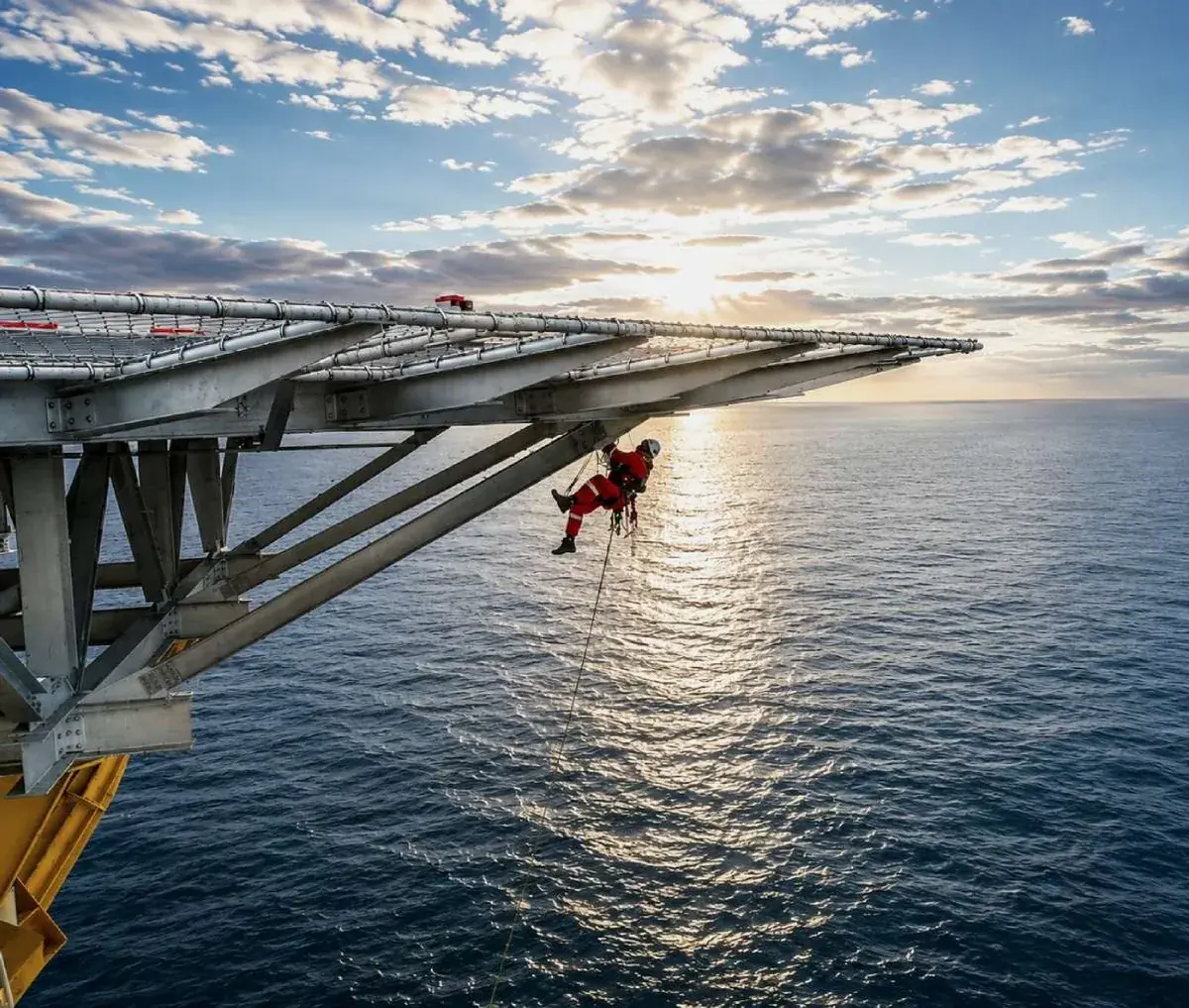 Rope access technician working beneath an offshore platform walkway