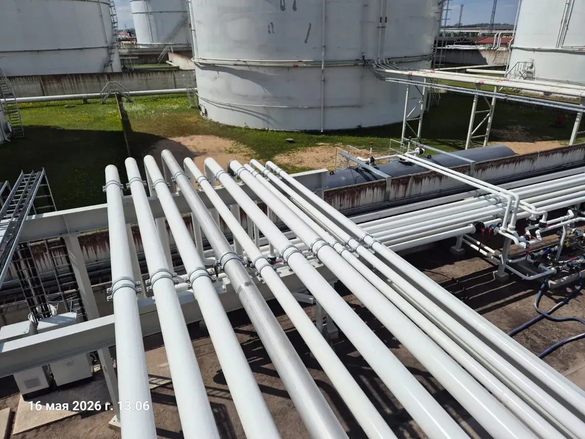 Completed pipe rack running to storage tanks at a fuel loading terminal