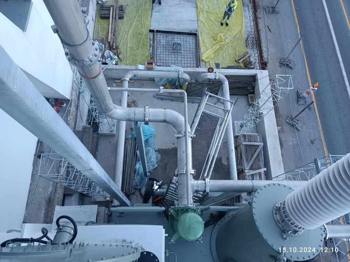 Stainless pipework and transformer package installed at a substation