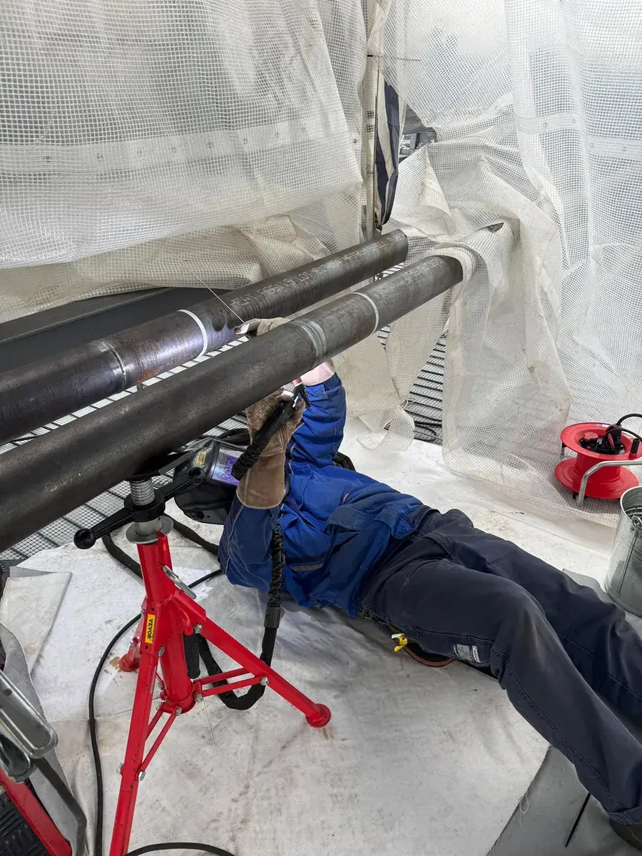 TIG root pass being welded on a prefabricated pipe spool